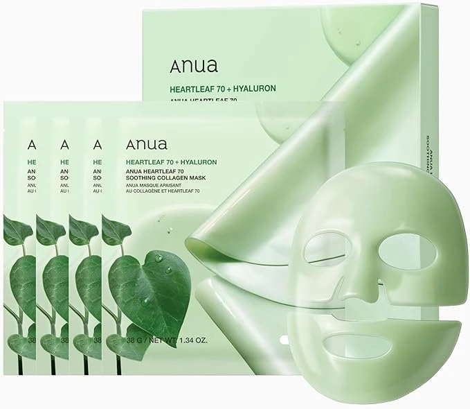 ANUA Heartleaf 70 Soothing Collagen Mask, Overnight Face Mask for Glass Skin, hyaluronic acid, Collagen, Soothing & hydration Facial Mask for Sensitive Skin, Natural Color, Korean Skin Care (38g, 4ea)