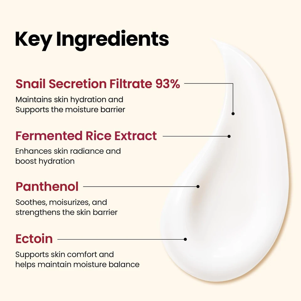 K-SECRET SEOUL 1988 Snail Mucin 93% Cream – Concentrated Yet Lightweight Formula Infused with 93% Snail Mucin | Non-Sticky & Fast-Absorbing Facial Cream