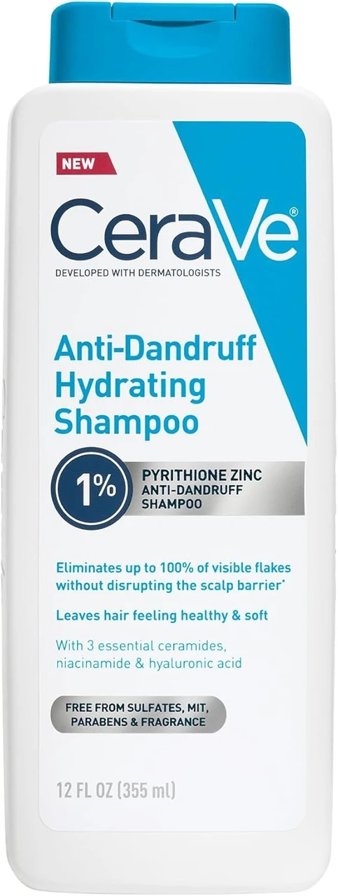 CeraVe Hydrating Anti Dandruff Shampoo, 1% Pyrithione Zinc Dandruff Treatment With Ceramides, Niacinamide & Hyaluronic Acid, Helps Eliminate Flakes & Provides Itchy Scalp Relief, Sulfate Free, 355ml