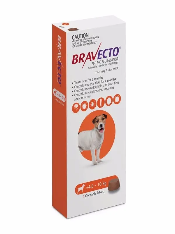 Bravecto chewable tablets for dogs 250 mg (> 4.5 - 10 kg) .