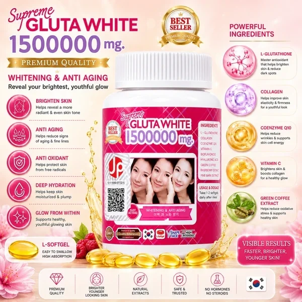 Supreme Gluta White 1500000mg Glutathione Softgels Thailand x 2 Bottles