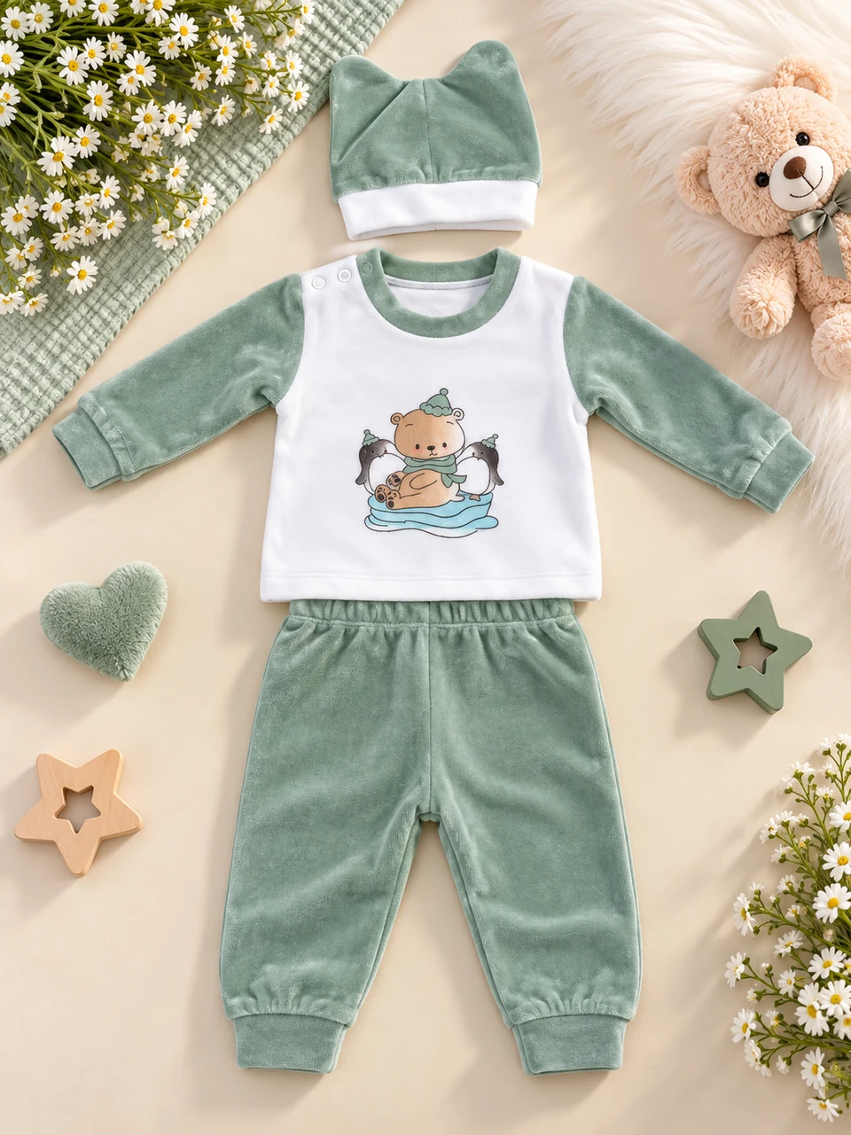 طقم بيبي مخمل 3 قطع بتصميم دب 🧸✨