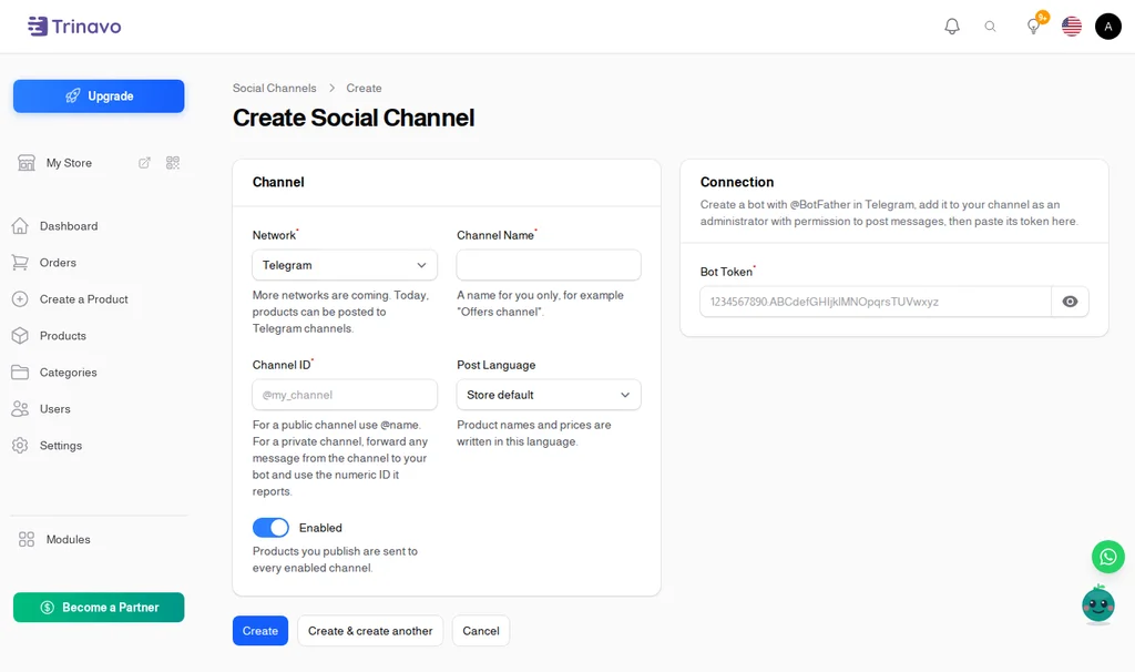 Connecting a Telegram channel to your store