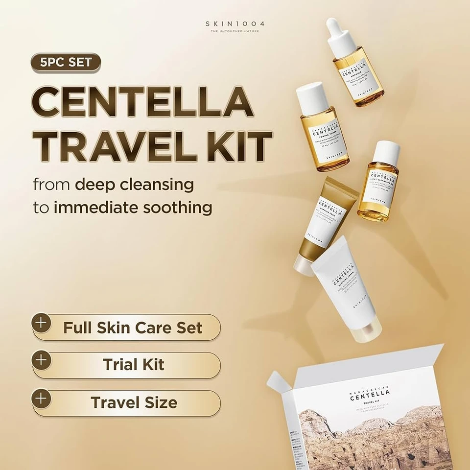 SKIN1004 Madagascar Centella Travel Kit, Toner, Ampoule, Soothing Cream, Cleansing Oil, Ampoule Foam, Basic Skincare Box, Compact Size, Soothing Calming
