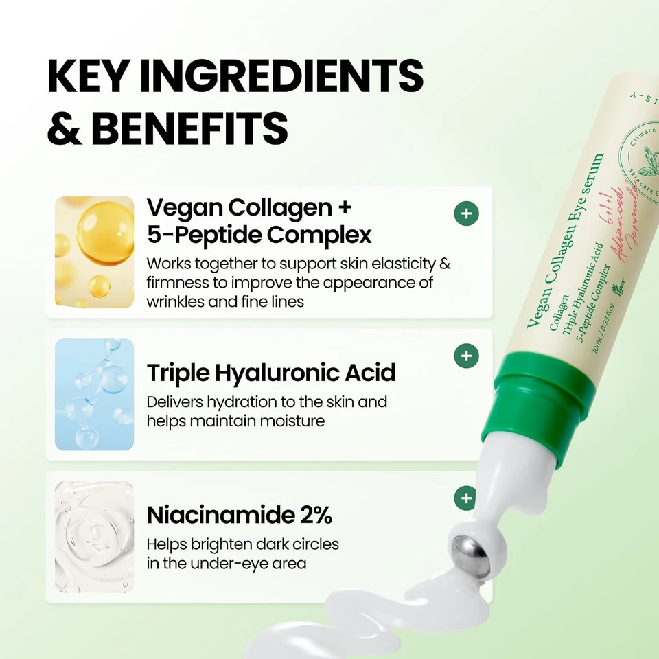 AXIS-Y Vegan Collagen Eye Serum 10ml - K Beauty Triple Hyaluronic Acid & Peptide Collagen Serum for Skin Elasticity, Reduce Fine Lines & Dark Circles - Vegan Korean Skin Care Eye Cream