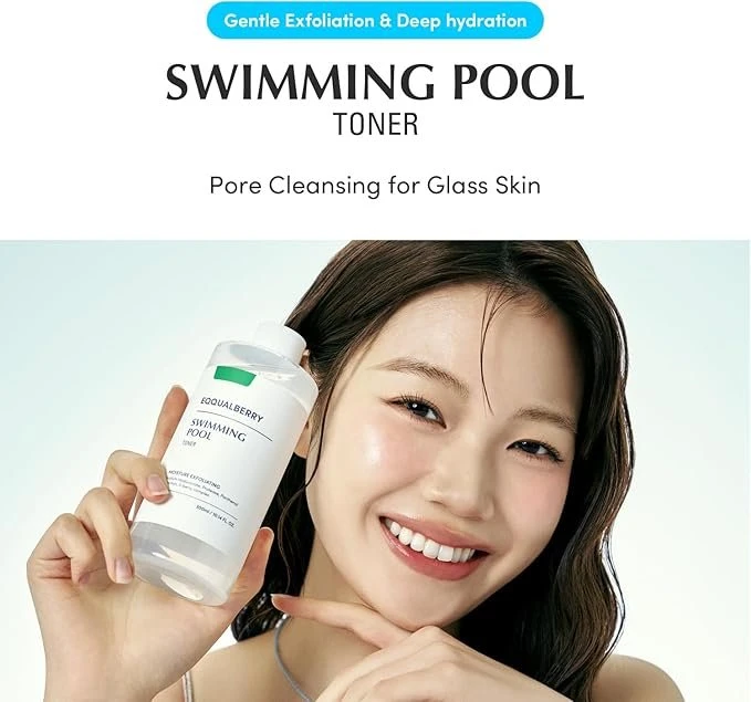 EQQUALBERRY Swimming Pool Face Toner 300ml - Gentle Daily Exfoliating and Moisturizing Facial Wash with Natural Enzymes and Hyaluronic Acid, Alcohol-Free, Low pH for Sensitive Skin