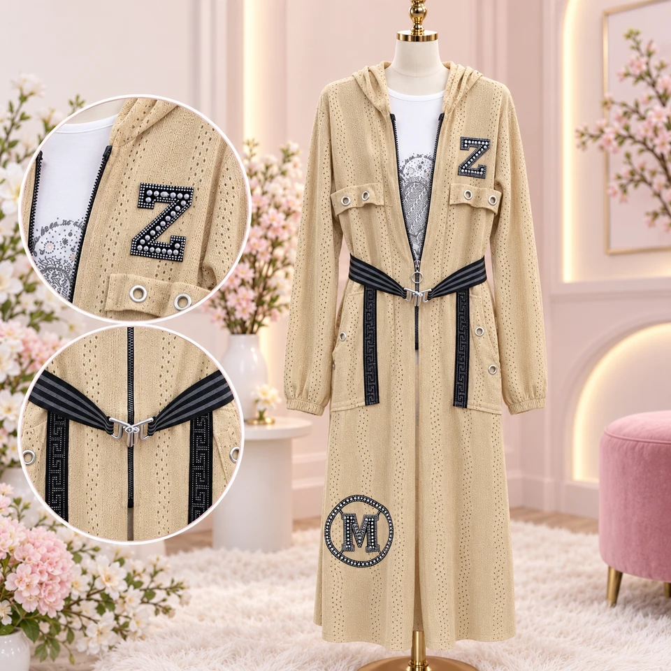 جاكيت طويل مع بلوزة داخلية وحزام ✨🌸