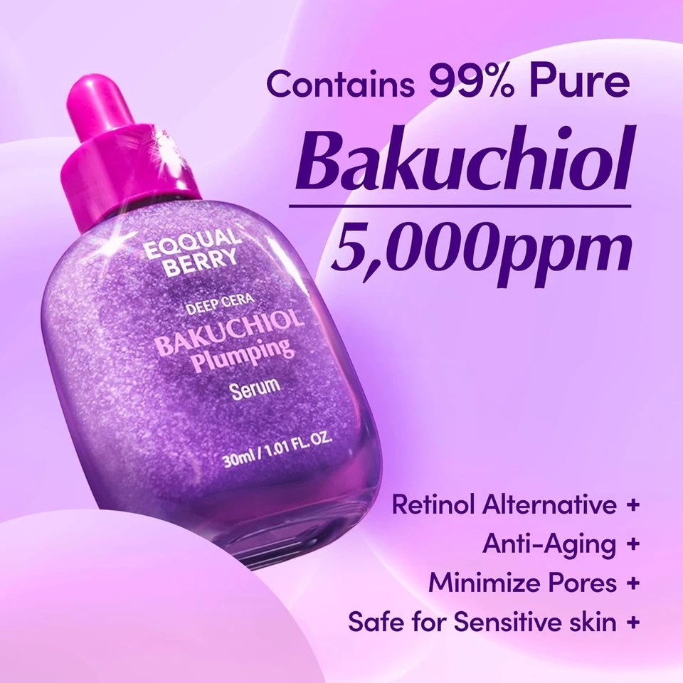 EQQUALBERRY Bakuchiol Plumping Face Serum 30 ml – Hydrating & Skin Texture Supporting Serum with Bakuchiol, Niacinamide & Hyaluronic Acid