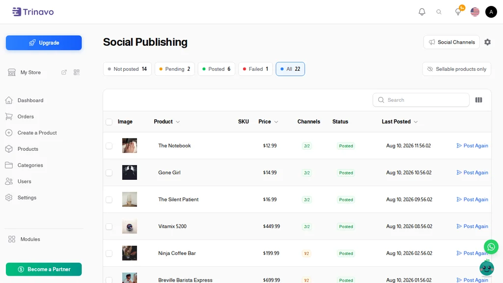 The Social Publishing screen, showing which products have been posted and which have not