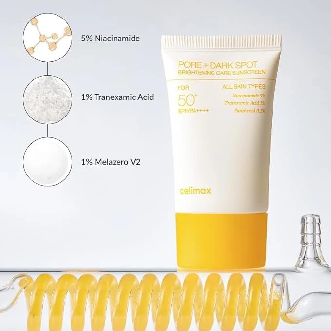 celimax Pore+ Dark Spot Brightening Care Sunscreen SPF50+ PA++++ 50ml | SPF50+ PA++++ sunscreen with niacinamide 5% & tranexamic 1%; 79.3% moisture essence, no white cast, reef-friendly