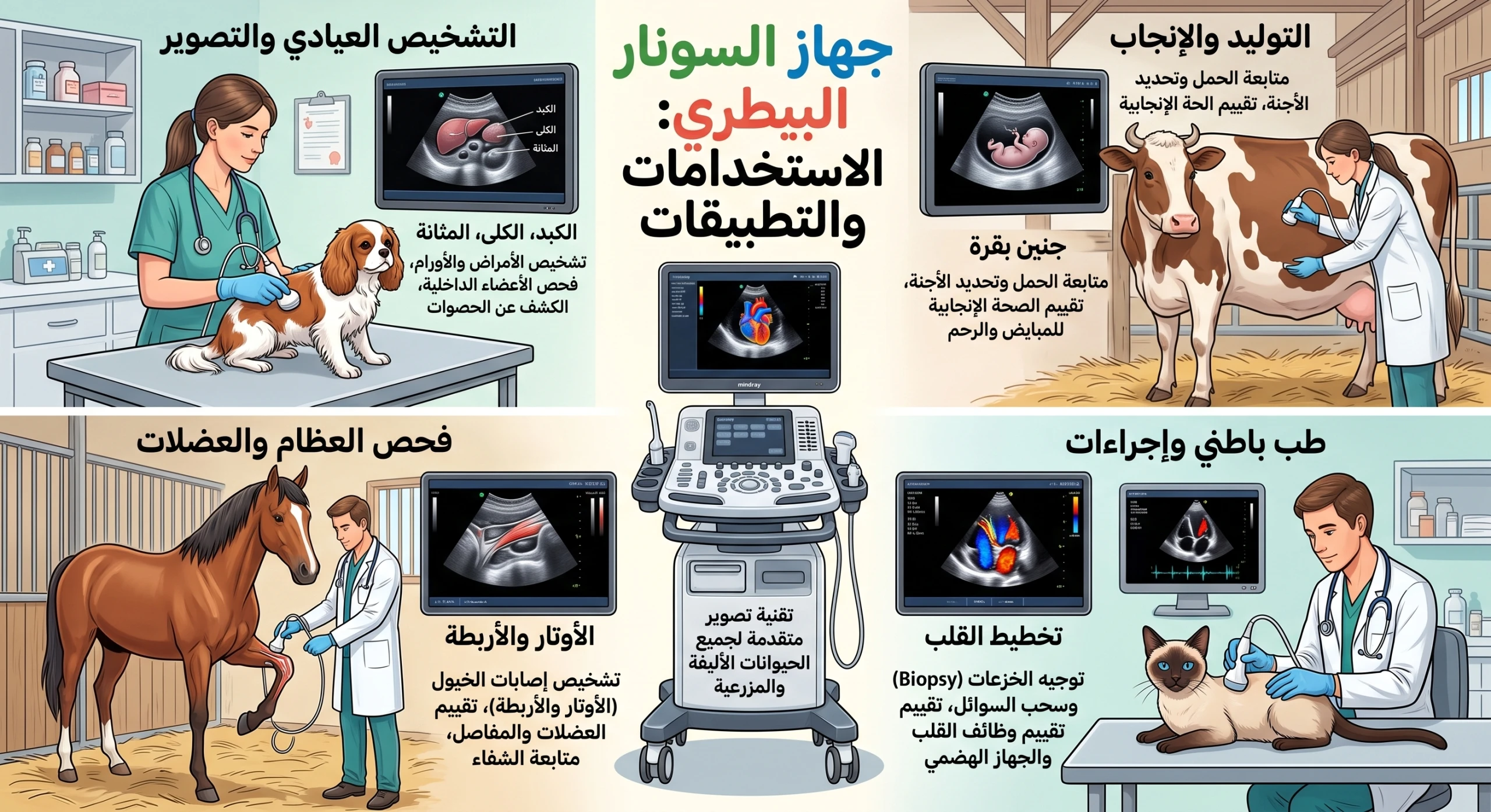 السونار البيطري : الاستخدامات التشخيصية والتناسلية والطوارئ والعلاجية والإرشاد الجراحي.