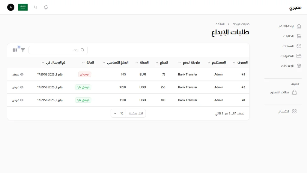 طلبات إيداع المحفظة