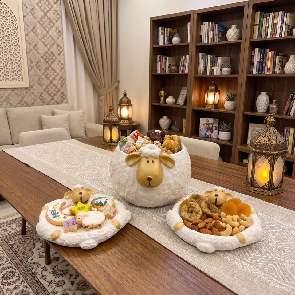طقم ضيافة وعاء وأطباق تقديم بتصميم خروف العيد (3 قطع)