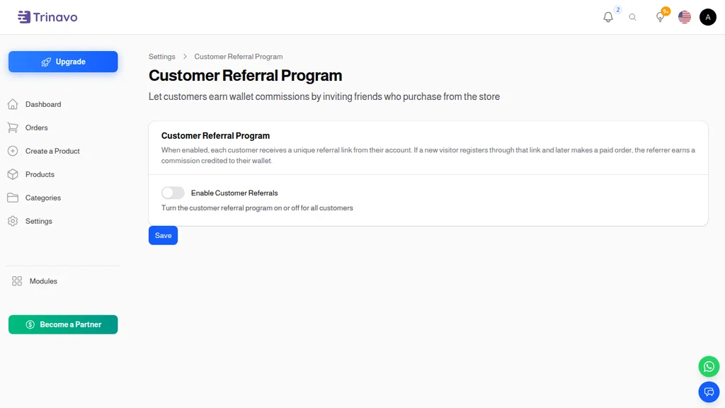Customer Referral Program settings