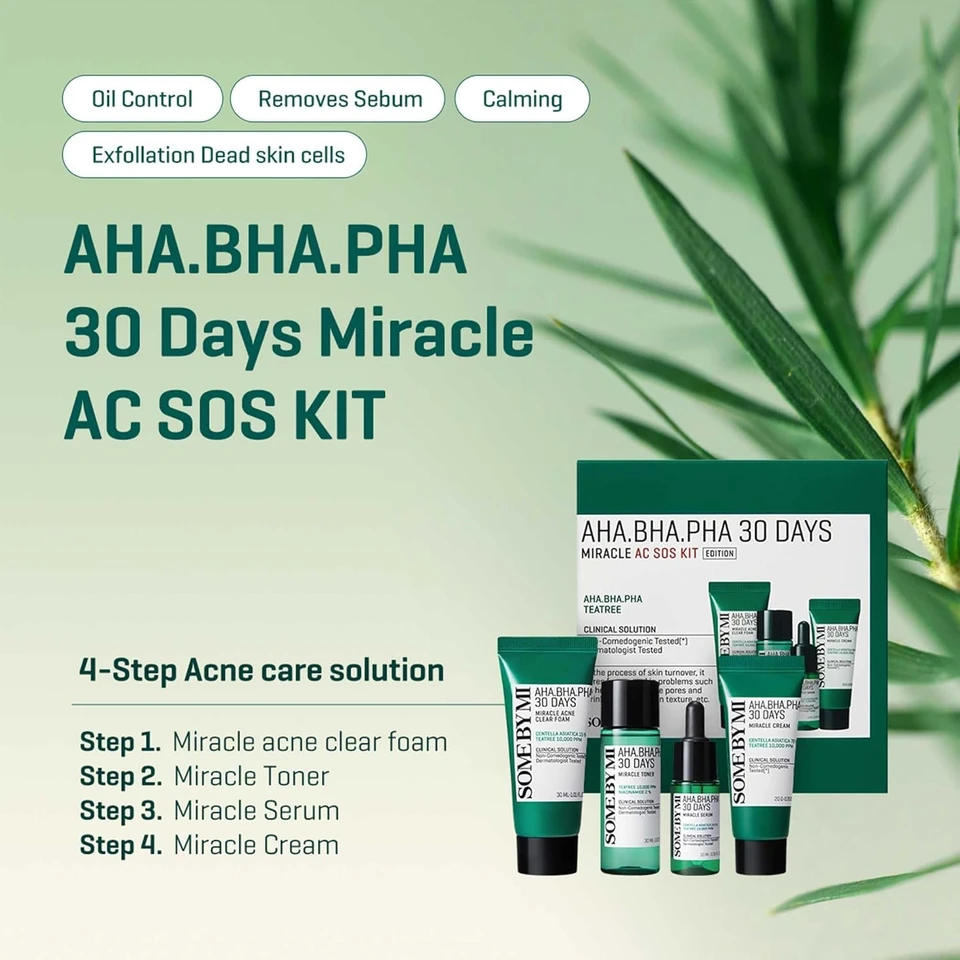 Some By Mi AHA BHA PHA 30Days Miracle AC SOS Kit | Includes Toner 1.01Oz + Serum 0.33Oz + Cream 0.7Oz + Foam 1.01Oz | Mild Exfoliating Daily Skin Care Set For Skin Wastes, Sebum, Oiliness Care