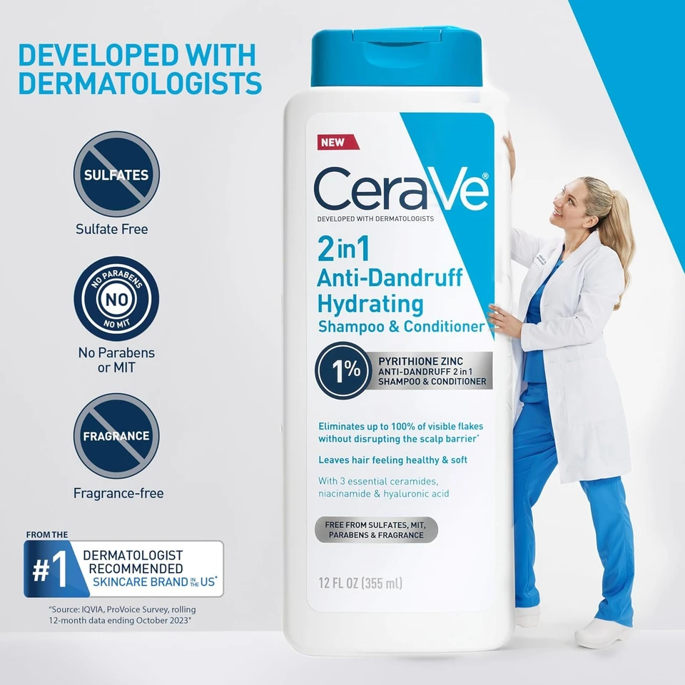 CeraVe 2 In 1 Hydrating Anti Dandruff Shampoo And Conditioner, 1% Pyrithione Zinc Dandruff Treatment, Color Safe & Sulfate Free Shampoo And Conditioner, Helps Eliminate Dandruff & Relieve Itchy Scalp 355ml