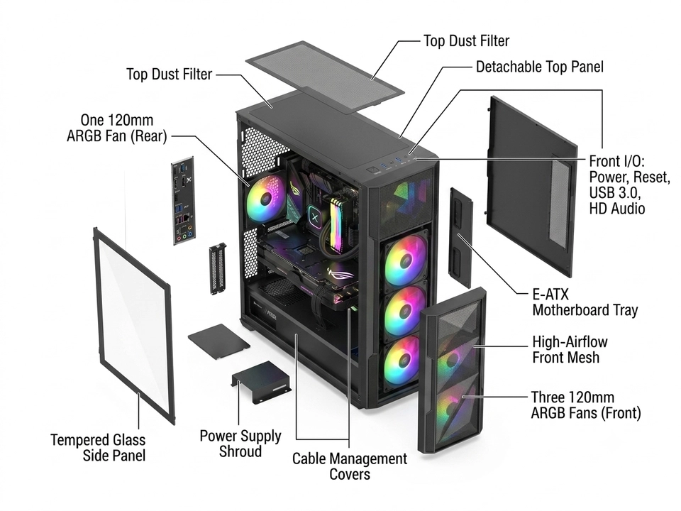 Xander Velox Flow e-ATX Medium Case, Front Mesh, Side Glass