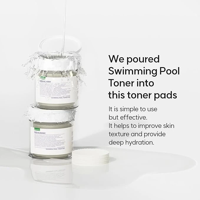 EQQUALBERRY Swimming Pool Toner Pads 70 Sheets – Dual-Textured Exfoliating & Hydrating Facial Pad with Hyaluronic Acid & Plant Extracts, Gentle Daily Skin Prep