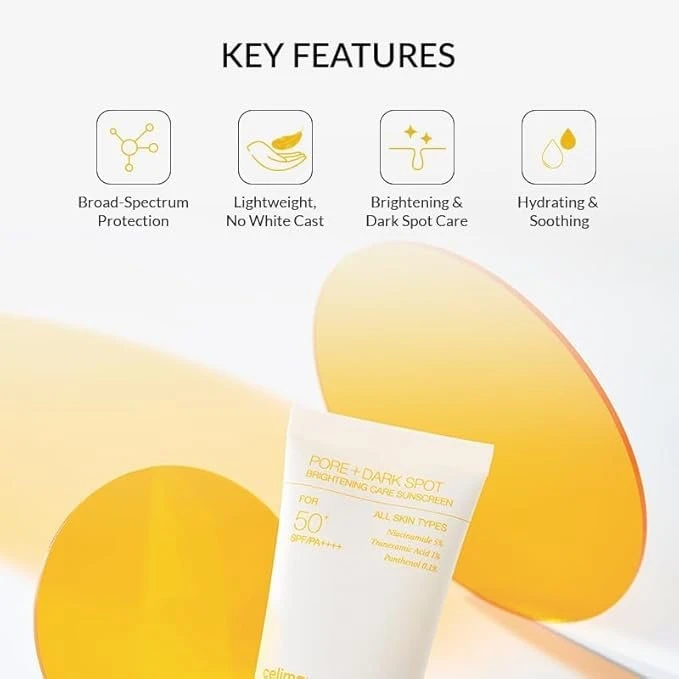 celimax Pore+ Dark Spot Brightening Care Sunscreen SPF50+ PA++++ 50ml | SPF50+ PA++++ sunscreen with niacinamide 5% & tranexamic 1%; 79.3% moisture essence, no white cast, reef-friendly