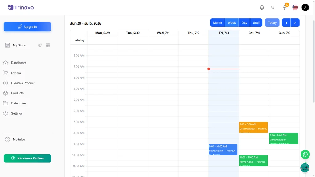 The admin booking calendar with color-coded appointments across the week