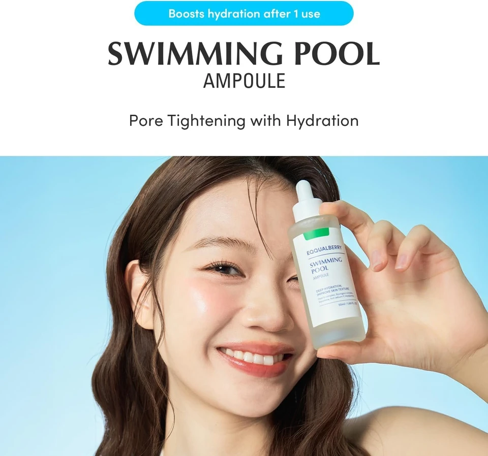 EQQUALBERRY Swimming Pool Ampoule 50 ml – Hydrating Hyaluronic Acid Serum with 8-Layer Hyaluronic Complex & Cica Extracts, Lightweight Soothing Daily Serum