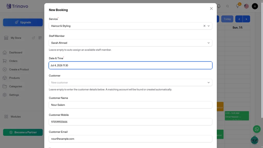 Creating a booking from the admin panel with automatic customer account matching