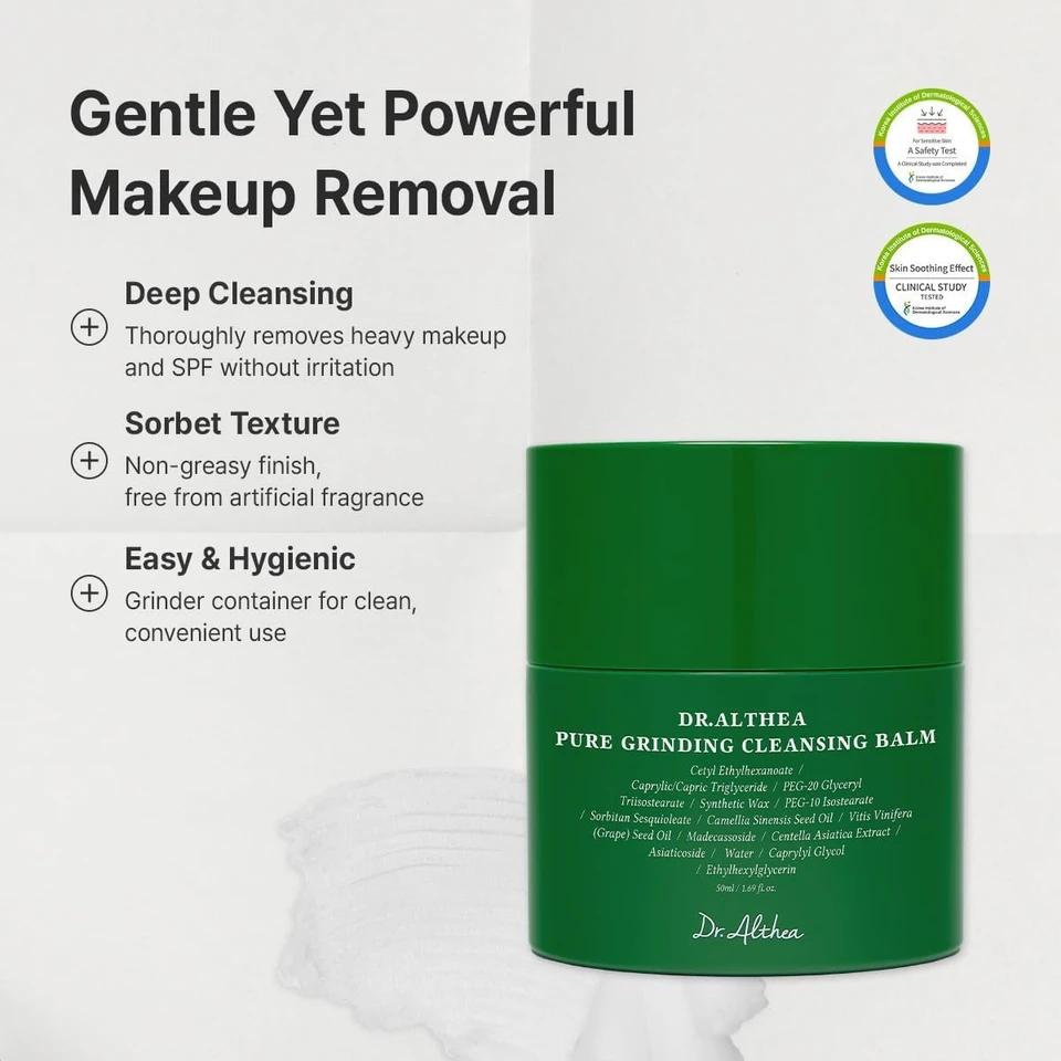 Dr.Althea Pure Grinding Cleansing Balm | Hygenic One-Step Makeup Remover with Madecassoside | Gentle, Soothing for All Skin Types, Gentle Sorbet Texture for Sensitive Skin, Travel Essentials