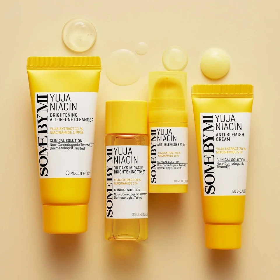 Some By Mi Yuja Niacin Anti-Blemish Starter Kit | Set of 4 Travel Kit | Includes Toner 30ml + Serum 10ml + Gel Cream 30g + Sleeping Mask 20g | For Natural Brightning of Skin