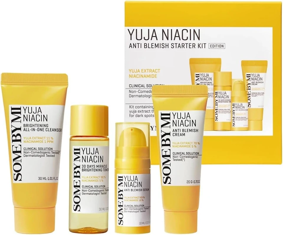Some By Mi Yuja Niacin Anti-Blemish Starter Kit | Set of 4 Travel Kit | Includes Toner 30ml + Serum 10ml + Gel Cream 30g + Sleeping Mask 20g | For Natural Brightning of Skin