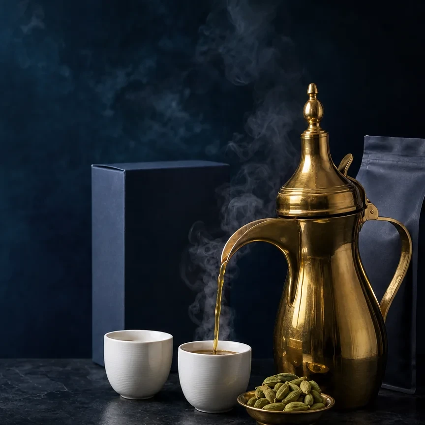 قهوة عربية تُصبّ بحب
