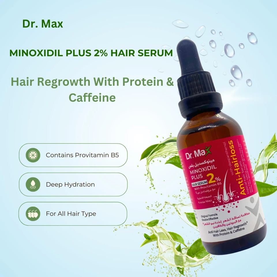 Dr Max Minoxidil Plus 2% Hair Serum With Provitamin B5 (Dexpanthenol) Anti Hair Loss, Hair Regrowth With Protein & Caffeine