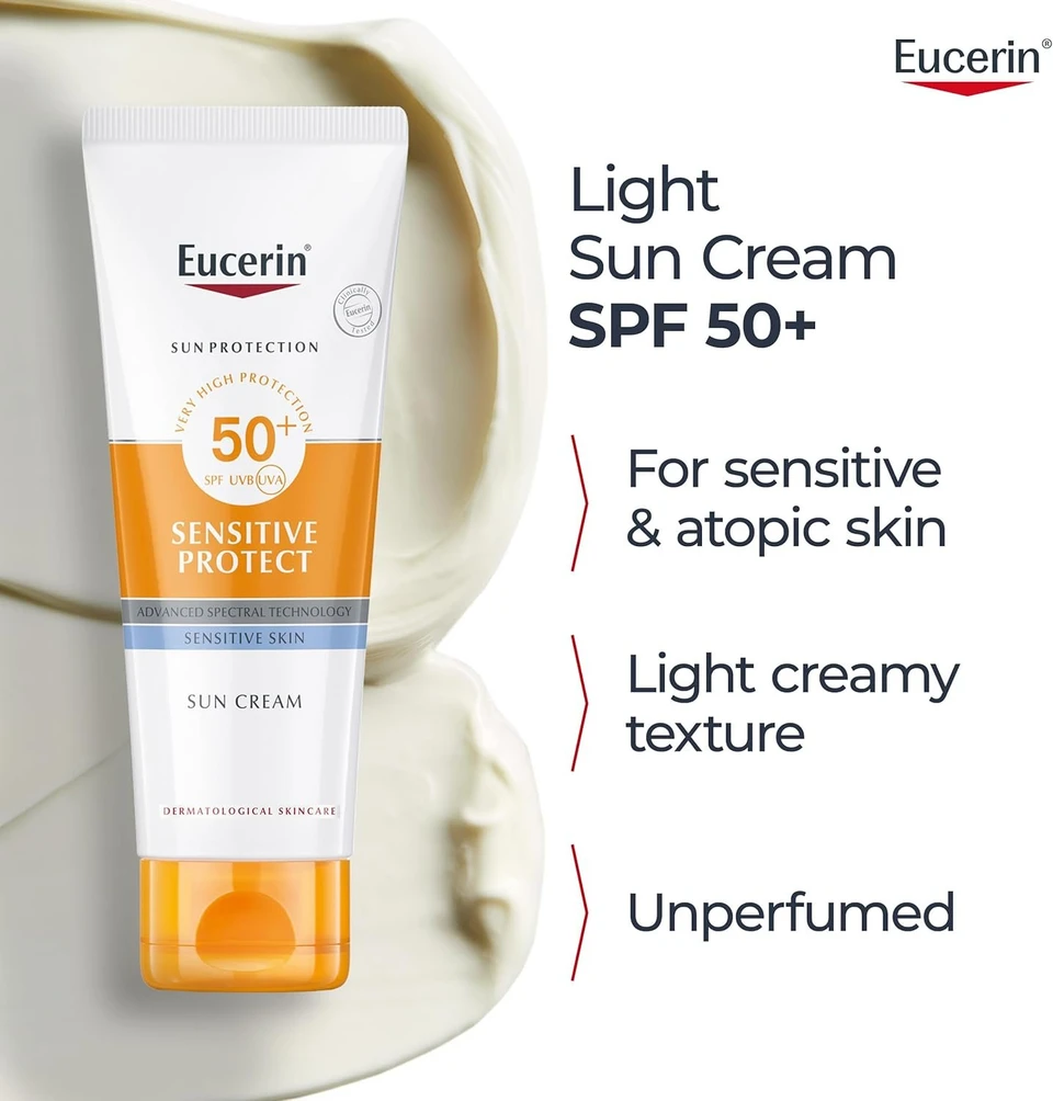 Eucerin Sun Sensitive Protect Facial Sunscreen, High UVA/UVB Protection, SPF 50+, Water-Resistant, Fragrance-Free, Sun Protection For Sensitive and Dry Skin, Suitable for Atopic Skin, 50ml