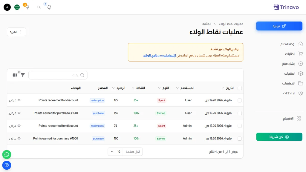 قائمة عمليات نقاط الولاء