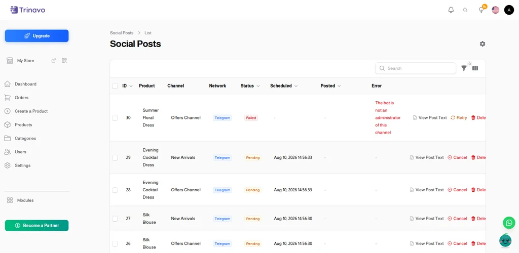 The delivery log, showing sent, pending, and failed posts