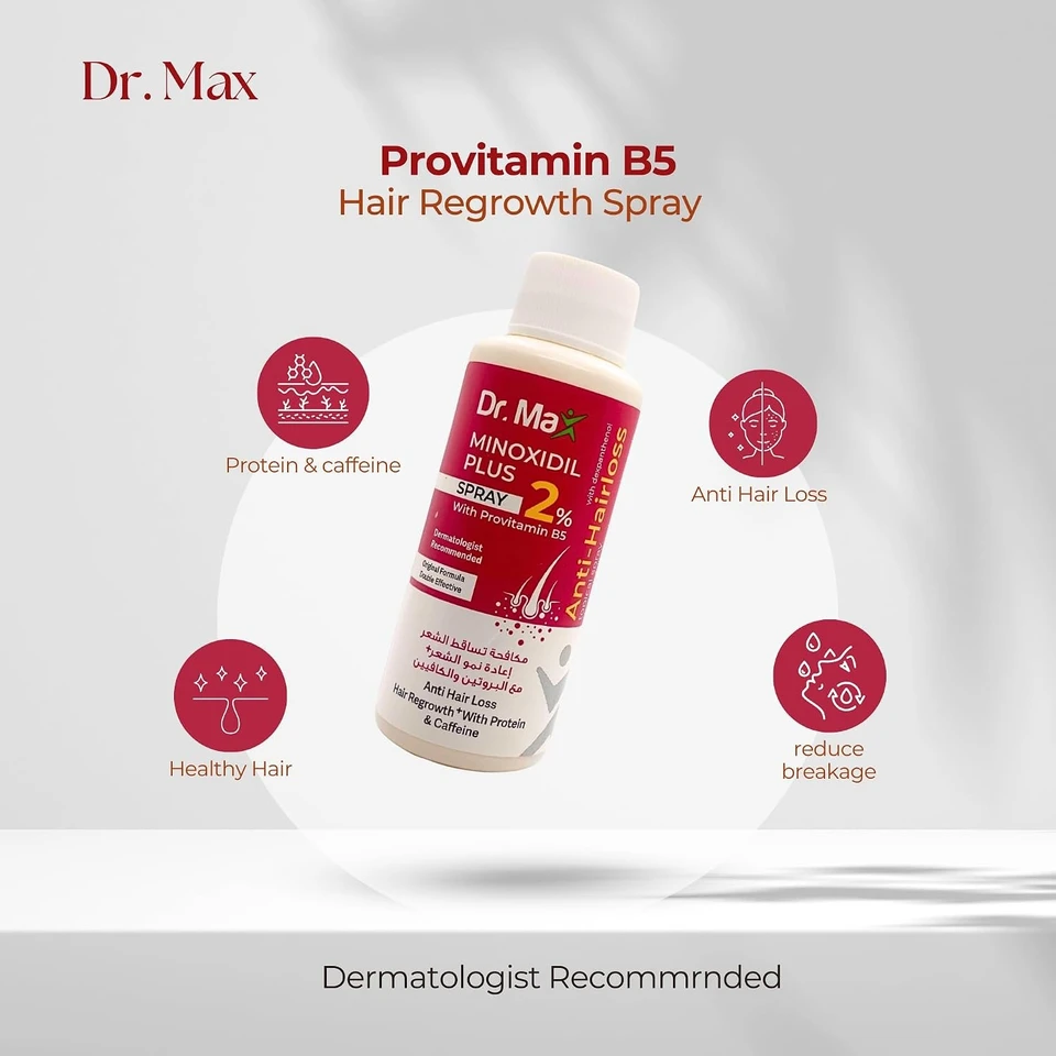 Dr Max Minoxidil Plus 2% Spray With Provitamin B5 (Dexpanthenol) Anti Hair Loss, Hair Regrowth With Protein & Caffeine
